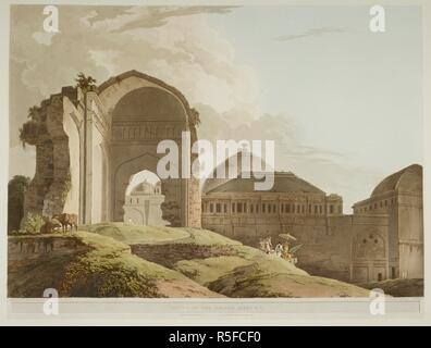 Antiquités de l'Inde , gravures de sites historiques et des lieux dans l'Hindustan en Inde. Un bâtiment en ruine et le dôme d'un temple ou palais. . Décor Oriental. Vingt quatre vues en Hindoostan. Londres. Décor Oriental. Vingt quatre vues en Hindoostan dessiné et gravé par Thomas Daniell. (Prises dans les années 1789 et 1790.) 1795. Source : 10.tab.30.(2) Plaque XVII. Banque D'Images