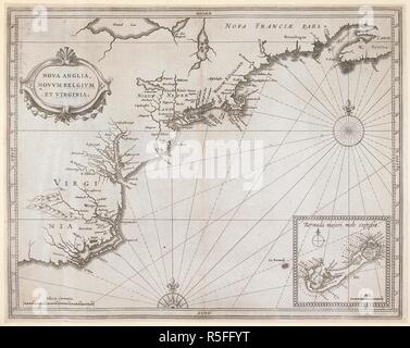 Une carte de la Nouvelle Angleterre, de la Belgique et de la Virginie. Une carte grande échelle des Bermudes est indiqué en bas à droite . NOVA ANGLIA, NOVVM BELGIVM ET VIRGINIE. [Leyde] : [Joannes de Laet], [1630]. Source : Maps K.Haut.120.8. Langue : le latin. Banque D'Images