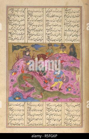 Isfandiyar et le dragon. Shahnama de Firdawsi, avec 49 miniatures. W opaque. 1590-1600. Isfandiyar et le dragon. Décolorées et endommagé. La peinture verte du dragon a pourri la page : la peinture d'argent est mal et noircie. 11.5 par 14.5 cm. Image réalisée à partir d'Shahnama de Firdawsi, avec 49 miniatures. Aquarelle opaque. Ispahan safavide/style. Publié à l'origine/produit en 1590-1600. . Source : I.O. 3254 islamique, f.295. Langue : Persan. Banque D'Images