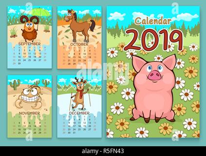 Calendrier pour 2019 avec cartoon funny animals, dessin à la main, vector illustration. Colorée, lumineuse Conception d'un calendrier mural avec painte à bascule Illustration de Vecteur