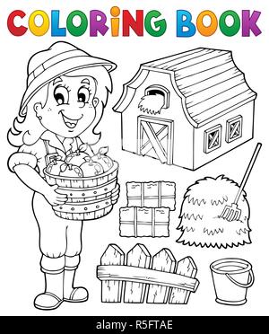 Jeu de coloriage fille et objets agricoles Banque D'Images