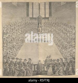 La Chambre des communes. C'est la première représentation de la Chambre des communes siégeant à l'ancien La chapelle dans le Palais de Westminster. Publiée à l'origine comme une copie en 1624, il est peu probable d'être exacts dans tous ses détails, mais il donne une impression raisonnable du haut, étroit et exigu, chambre dans laquelle la Chambre s'est réunie, et dans lequel les débats menant à la pétition de droit a eu lieu. Il me semble voir un délinquant à genoux au bar pour recevoir la censure de la Chambre de l'Orateur, qui préside à sa présidence. Les greffiers écrivent dans leur projet de journaux à une table Banque D'Images