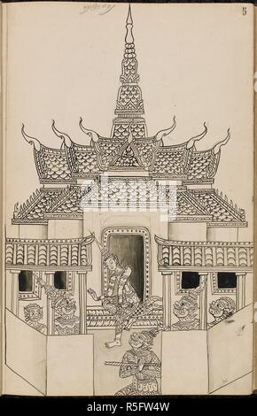 Scène du Ramakien (version thaï du Ramayana). Ramakien (version thaï du Ramayana). 1880. Matériaux : papier européen Dimensions : 230 mm x 355 mm : Script script Khom, une variante de khmre utilisé en Thaïlande au crayon. Source : Ou. 14859 f.5. Langue : Thaï. Banque D'Images