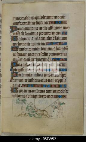 Bas-de-page lieux d'une licorne d'être transpercé par un chasseur qu'il repose dans le giron d'une vierge. Psautier ('Le psautier de la Reine Mary"). Angleterre (Londres/Westminster ou East Anglia ?) ; entre 1310 et 1320. Source : Royal 2 B. VII, f.101. Langue : Français de l'Amérique latine, avec les légendes des images. Banque D'Images