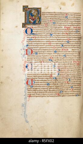 Initiale historiée 'B'(eatus) de David jouant de la harpe au début des psaumes. Plus tard, un propriétaire a numéroté les psaumes en chiffres arabes médiévales, 1-5, sur le bord extérieur de la marge de gauche. Bible, imparfait, avec une table des matières (ff. 1V-2), calendrier liturgique (ff. 423-424), et sermon notes entre l'Ancien et du Nouveau Testament, (s. 425-429v) et lections (f. 534r-v). L'Angleterre, S. E. (Canterbury), 2e quart du 13e siècle, probablement avant 1246. Source : Egerton 2867, f.244v. Langue : le latin. Banque D'Images