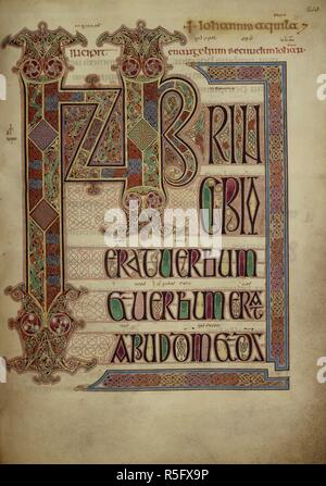 L'Évangile de saint Jean ; Incipit page. Évangiles de Lindisfarne. N.E. [Angleterre] Lindisfarne ; 710-721. [Ensemble] folio Incipit page à St. John's Gospel.Texte avec des lettres ornées "INP". Décorées border Image réalisée à partir d'Évangiles de Lindisfarne. Publié à l'origine/produits au N.E. [Angleterre] Lindisfarne ; 710-721. . Source : Cotton Nero D. IV, f.211. Langue : Latin, avec gloses anglo-saxonne. Banque D'Images