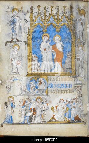 La Visitation ; Saint Veronica, Saint Louis, Saint Denis et saint un autre homme dans les marges ; le Christ devant Pilate avec la trahison de Saint Pierre, dans la marge inférieure (Laudes). Livre d'heures, l'utilisation de Paris ('Les heures de Yolande de Flandre'). 1353-1363. Source : Yates Thompson 27, f.44v. Langue : le latin et le français. Banque D'Images