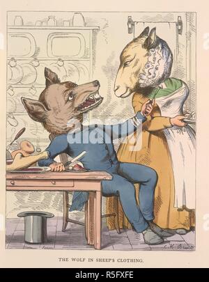 Le loup déguisé en agneau. Les Fables de l'Ã ?pon et d'autres. Traduit en hum. W. Kent & Co. : Londres, 1857. Un loup habillé comme un policier, et un mouton. Dans une cuisine. Image prise à partir de l'Univers imaginaire de l'Ã ?pon et d'autres. Traduit dans la nature humaine, conçu et dessiné sur le bois par Charles H. Bennett, etc. publié à l'origine/produit dans W. Kent & Co. : Londres, 1857. . Source : 12305.g.11, en face 21. Langue : Anglais. Auteur : AESOP. Bennett, C. H. Swain, J. Banque D'Images