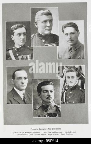 L'air française célèbre fighters'. Rangée du haut : Capt.Georges Guynemer. Le Lieut. Charles Nungessor. Le Lieut. Dorme. Rangée du bas : Lieut. Georges Madon. Le capitaine Foncke. Le capitaine Coppens. Le roi des combattants de l'air. Biographie des principaux "oeMickâ€ Mannock, c. r., D.S.O., M.C. [avec plaques, y compris les portraits.]. Londres : I. Nicholson & Watson, 1934. Source : 09081.bb.34 page 264 plaque opposie. Auteur : Jones, James Thomas Ira. Banque D'Images