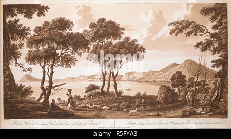 Un homme est assis sur le bord de la route sous les arbres en premier plan, avec une femme et une jeune fille sur la gauche et deux moines franciscains marche loin sur la droite. Monte Nuovo Castello Aragonese et Baiae, vu de Pozzuoli en arrière-plan. Monte Nuovo, avec une vue à distance de la côte et Château de Baia  = Monte Nuovo, avec la côte et le Chateau de Baia, Vía"s dans l'eloignement. [Paris] : Avril 1777 Publication d'. par P. Sandby & A. Robertson, comme la loi, [Avril 1777]. L'aquatinte, la gravure, imprimé en sépia. Source : 7 Cartes.tab.60, planche 2. Langue : Anglais et Français. Auteur : FABRIS, PETE Banque D'Images