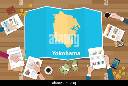 La région de la ville de Yokohama au Japon la croissance de l'économie avec l'équipe de discuter sur l'affichage Cartes de haut vector illustration Banque D'Images