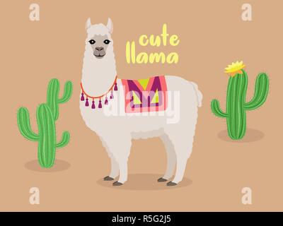 Cute llama dans désert avec vecteur cactus Illustration de Vecteur