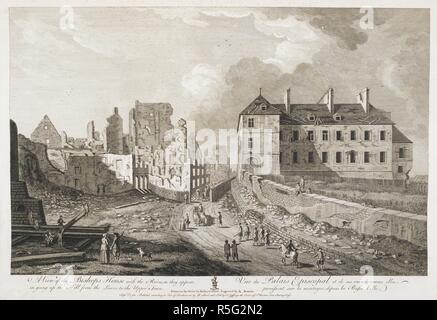 Des soldats, des chiffres, un cheval et cavalier, bovins et un panier sur une route ; les ruines et l'Évêché derrière ; les enfants jouant sur les ruines de la gauche. Vue de la maison de l'évêque avec les ruines, tels qu'ils apparaissent en allant jusqu'à la colline de la partie inférieure ; à la Ville Haute. [Paris] : 1er 1761 Septr. Publier'd selon loi du Parlement par R. & court vendu par Thos Jefferys le coin de St Martins Lane, Charing Cross., [1 septembre 1761]. La gravure. Source : Maps K.Haut.119,39.a.7. Langue : Anglais et Français. Auteur : Court, Richard. Banque D'Images