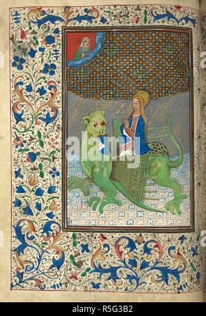 Miniature, avec pleine foliée border représentant Margaret ressuscité ventre du dragon. Dieu le Père bénit le saint (en haut à gauche). Livre d'heures, l'utilisation de Sarum. Pays-bas, S. ; 3ème quart du 15ème siècle. Source : Harley 2985, f.37v. Langue : le latin. Banque D'Images