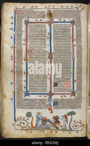 Un bas-de-page scène de la Vierge Marie et un ange en punissant les diables. Décrétales de Grégoire IX avec glossa ordinaria (le 'Smithfield décrétales'). La France, S. (Toulouse), dernier quart du 13e siècle ou au 1er trimestre de la 14e siècle. Source : Royal 10 E. IV, f.225v. Langue : le latin. Auteur : Raymond de PeÃ±afort, éditeur. Bernard de Parme, glossator. Banque D'Images