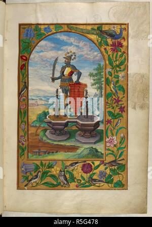 Illustration du Second Treatise ; un chevalier avec épée debout sur deux fontaines ; bordures décorées d'oiseaux et de fleurs. Splendor Solis. Allemagne, 1582. Source : Harley 3469, f.7. Langue : Allemand. Auteur : Trismosin, Salomon. Banque D'Images