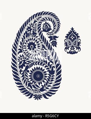 Ensemble de 2 éléments de Paisley. Parure ethnique oriental traditionnel de l'Inde, bicolore bleu indigo sur fond écru. Pour votre conception. Illustration de Vecteur