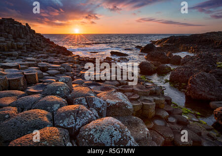 Coucher de soleil sur les colonnes de basalte Giant's Causeway, comté d'Antrim, en Irlande du Nord Banque D'Images