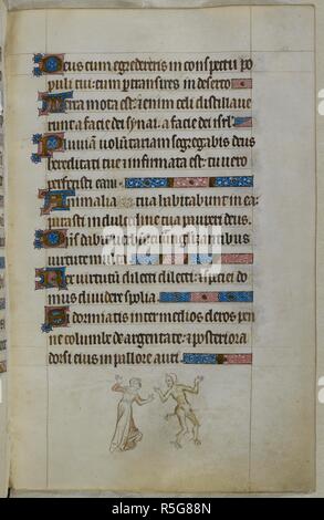 Bas-de-page scène d'une jeune femme et un homme, sous l'apparence d'un satyre dansant ensemble. Psautier ('Le psautier de la Reine Mary"). Angleterre (Londres/Westminster ou East Anglia ?) ; entre 1310 et 1320. Source : Royal 2 B. VII, f.166. Langue : Français de l'Amérique latine, avec les légendes des images. Banque D'Images