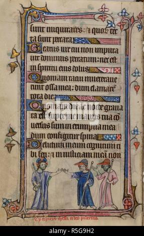 Bas-de-page scène de Christ en tendant sa main à deux hommes tenant des armées. Livre d'heures, l'utilisation de Sarum ('Le Taymouth heures'). L'Angleterre, S. E. ? (Londres ?) ; 2e trimestre du 14ème siècle. Source : Yates Thompson 13, f.127v. Langue : le latin et le français. Banque D'Images