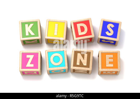 Mot KIDS ZONE faite de blocs de bois 3D jouet Banque D'Images