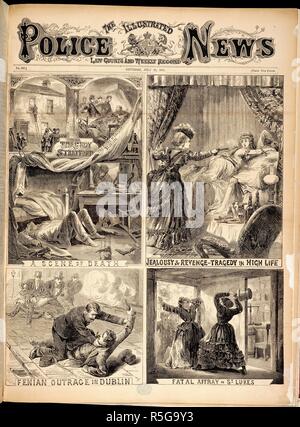 Quatre scènes de crime. La Police illustrée Nouvelles Law-tribunaux et une fois par semaine. Londres, le 22 juillet 1871. Quatre images de scènes de crime : 'La tragédie de Startford- une scène de la mort", "tragédie- jalousement dans la grande vie" ; "l'indignation des Fenians à Dublin" et "rixe mortelle à St Lukes'. Image prise à partir de la police illustrée Nouvelles Law-tribunaux et Weekly Record. Publié à l'origine/produit à Londres, le 22 juillet 1871. . Source : Colindale , front page. Langue : Anglais. Banque D'Images