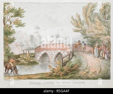 Une figure avec un cheval de boire d'une rivière dans le coin en bas à gauche ; une figure debout sur un pont ; Eton College à gauche dans la distance ; des arbres tout au long de la scène. BEGGAR'S BRIDGE près de Eton College. [Angleterre] : [éditeur non identifiés], publié dans la Loi, le 2 mai 1796 pour le propriétaire. Avec gravure main-coloration. Source : Maps K.Haut.8,25. Langue : Anglais. Auteur : Livesay, R. Banque D'Images