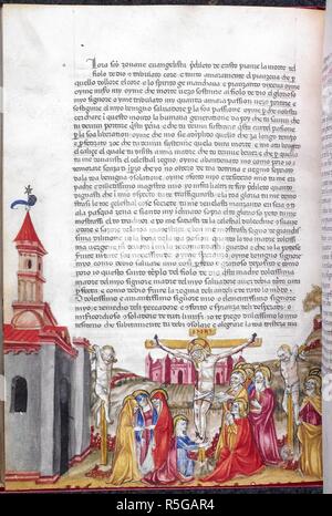 Miniature de la Crucifixion avec Jean l'Évangéliste et la Vierge Marie Agenouillée au pied de la croix. Histoire de la Sainte Famille ; extraits de l'Évangile. Italie, 1ère moitié du 15e siècle. Source : Harley 3571, f.69v. Langue : l'italien et le latin. Banque D'Images