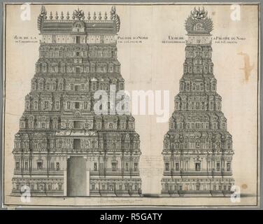 Côté et élévations avant de l'Amérique du Gopuram ou gateway tour au Temple de Chidambaram, Thillai Natarajah ; sept étages, avec des sculptures représentant des figures et d'animaux. VEUE DE LA PAGODE DU NORD DE CHELIMBARAM PAR SA LONGUEUR  = VEUE DE LA PAGODE DU NORDE PAR CHELIMBARAM SA LARGEUR. 1736. Plume et encre noire avec lavage monochrome sur crayon. Source : Maps K.Haut.115,82.a.1. Langue : Français. Banque D'Images