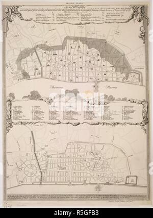 Deux plans pour la reconstruction de Londres après le grand incendie. Deux plans pour la reconstitution de Londres, par J. Evelyn, Esq., et Sir Christopher Wren. Society of Antiquaries, 1748. Source : Maps K.Haut.20.19.2. Langue : Anglais. Auteur : Evelyn, John. Banque D'Images