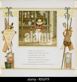 Un garçon tenant un bâton et un cerceau, se trouve à l'extérieur d'une boutique en regardant par la fenêtre . À la maison à nouveau. Versets. [Illustré par] J. G. Sowerby et A.. Londres : Marcus Ward & Co., [1886]. Source : 12806.t.30, page 31. Langue : Anglais. Auteur : Sowerby, John : grue, T. Banque D'Images