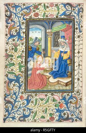 Massacre des Innocents. Livre d'heures. S. Pays-bas [Bruges ?] ; années 1450-1460. [Folio] Bureau de la Vierge aux vêpres. Le roi Hérode assis, à la recherche sur l'enfant, tenue par une femme agenouillée, est tué par un soldat. Frontière avec décoration foliée Image réalisée à partir d'Livre d'heures. Publié à l'origine/produit dans S. Pays-bas [Bruges ?] ; années 1450-1460. . Source : Stowe 26, f.105v. Langue : le latin. Auteur : Cercle de Willem Vrelant. Banque D'Images