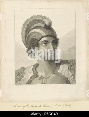 Un homme d'une des îles Sandwich, avec son casque. Dessiné par John Webber et gravée par John Keyse Sherwin. Tête et épaule portrait d'un homme portant un manteau de plumes et le casque en plumes, et identifié comme le chef de l'hawaïenne Kana'ina (Kaneina Kaneena Kanina,,), qui a été tué dans les combats découlant de la mort du Capitaine Cook (14 Feb 1779). Une collection de dessins par A. Buchan, S. Parkinson, et J. F. Miller, réalisés dans les pays visités par le capitaine James Cook dans son premier voyage [1768-1771], également d'impressions publié dans ses voyages de John Hawksworth Biron [Byron], Wallis et Cook [1 Banque D'Images