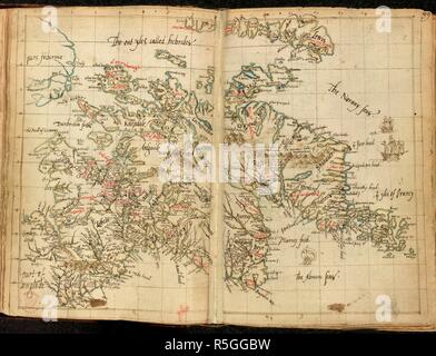 La carte de l'Ecosse. L'Angleterre ; vers 1566. [Site] Carte de l'Écosse, avec les îles Hébrides et les îles Orcades publié à l'origine/produit en Angleterre ; vers 1566. . Source : Domitien Coton A. XVIII, ff.98V-99. Langue : Anglais. Auteur : Nowell, Laurence. Banque D'Images