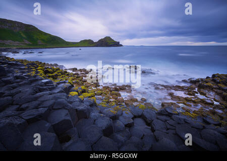 Coucher de soleil sur la formation des roches Giant's Causeway, comté d'Antrim, en Irlande du Nord, Royaume-Uni Banque D'Images