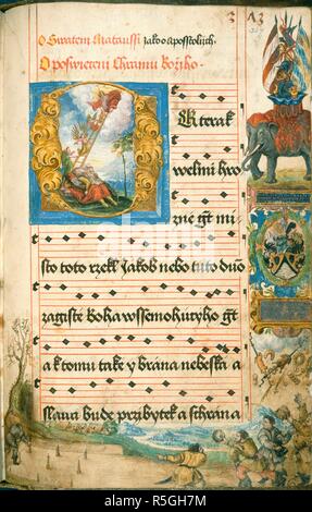 L'échelle de Jacob. Progressive. [Bohemia Prague ?] ; 1570. Ensemble (folio) 'O' initiale ; l'échelle de Jacob, avec texte et notation musicale. Frontières décoré : un éléphant, armoiries, et au pied, un jeu de quilles. Produits pour Ottersdorff Sixte ab, chancelier de Prague Image prise à partir de la progressive. Publié à l'origine/produit en Bohême Prague [ ?] ; 1570. . Source : ajouter. 16175, f.347. Langue : Bohème. Banque D'Images