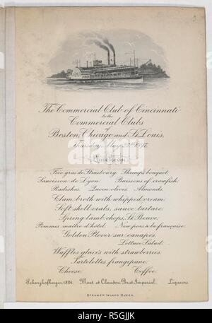 Menu du déjeuner pour le club de Cincinnati commercial à l'exploitation commerciale des clubs de Boston, Chicago et Saint-Louis, jeudi, 27 mai 1897. [Une collection de cartes de menu de dîners et rapports de célébrations dans les Etats-Unis d'Amérique dans les années 1890-1904, formé par Mlle F. E. Buttolph. Lié dans trois volumes.]. [1890-1904.]. Source : C.120.f.2 Volume 2 no.3. Langue : Anglais. Banque D'Images