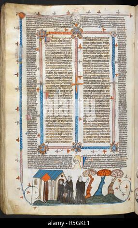 Un bas-de-page scène de trois moines. Décrétales de Grégoire IX avec glossa ordinaria (le 'Smithfield décrétales'). La France, S. (Toulouse), dernier quart du 13e siècle ou au 1er trimestre de la 14e siècle. Source : Royal 10 E. IV, f.281v. Langue : le latin. Auteur : Raymond de PeÃ±afort, éditeur. Bernard de Parme, glossator. Banque D'Images