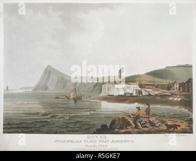 Une falaise atteint un sommet sur la droite, avec un navire amarré à quai et d'autres à côté de fortifications, avec canons et visible l'Union Jack, le vol, les femmes qui quittent une lave de sécher dehors en bas à droite. Deux hommes tenant des fusils avec un chien appuyé contre les rochers au premier plan. Douvres. SHAKESPEARE CLIFF FORT AMHERST, &c de la jetée. Londres : Publiée par 1801 Dim 10 F Jukes Howland Street, [10 décembre 1801]. L'aquatinte et la gravure avec la main-coloration. Source : Maps K.Haut.16.48.g. Langue : Anglais. Banque D'Images