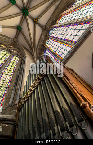 Les tuyaux d'orgue de l'église dans la chapelle à Bishop's Palace, à Wells, Somerset, Angleterre. Banque D'Images