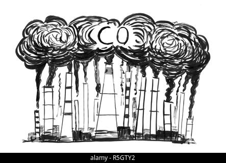 L'encre noir Grunge Dessin à la main de fumeurs, cheminées d'usine ou de l'industrie de la pollution de l'air CO Banque D'Images