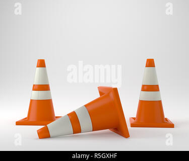 Cônes de signalisation orange en construction 3D illustration Banque D'Images