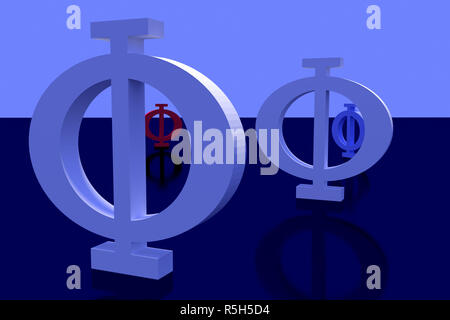 Phi grec les lettres en bleu sur une surface réfléchissante légèrement,brillant Banque D'Images