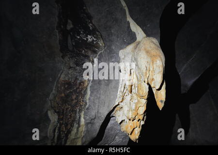 Formations rocheuses de calcaire gris avec speleogens spéléolites rougeâtre et de début de stalactites dans St.Paul's Underground River Cave. Puerto Princes Banque D'Images