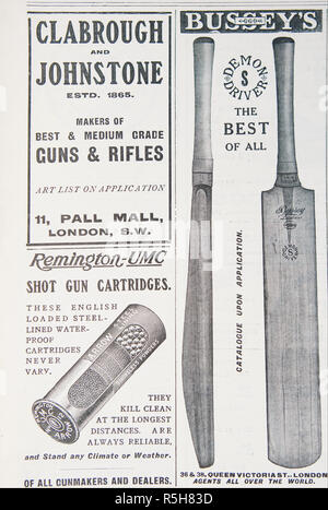 Vieilles publicités pour Clabrough et Johnstone et fusils, cartouches de fusil Remington et Bussey's cricket bats. À partir d'un vieux magazine britannique de th Banque D'Images