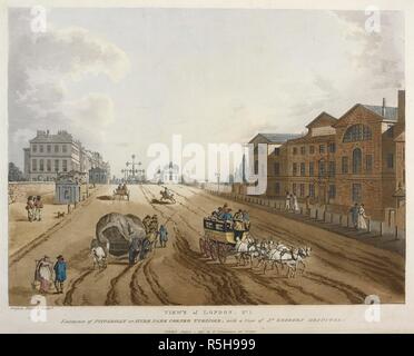 Vues de Londres. No1. Entrée de Piccadilly ou Hyde Park Corner Turnpike, en vue de l'hôpital Saint Georges. Vue sur une rue de Londres, avec chariots et charrettes dans la rue, un turnpike gate dans la distance, les bâtiments sur la droite et au loin sur la gauche, en premier plan est représenté Collier's Coach Southampton sur huit roues, tiré par quatre chevaux blancs. . Vues de Londres. Publier par R'Ackermann 101 Strand 1 août 1797. 1 : impression de gravure et de l'aquatinte colorée à la main ; 360 x 455 mm. Source : Maps.K.Haut.22.6.a. Auteur : Rowlandson. Schutz. Dagaty. Banque D'Images