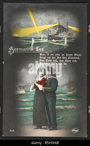 Carte postale montrant un marin (en uniforme) et femme/petite amie. Au-dessus d'eux est une image d'un cuirassé projecteurs d'exploitation. Il y a un pensionnaire d'observation autour de la bordure de la carte postale. Il y a un logo avec le mot 'amay' dans le coin inférieur droit. Il y a un certain nombre V.5 dans le coin supérieur gauche. . 'Seemans los' marin (cours) série de 6 cartes postales. 1914 - 1918. Source : Pte.coll.pstcard 11 (collection privée). Banque D'Images
