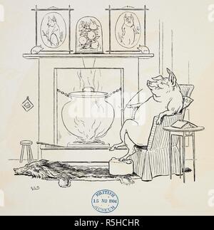 Un cochon est assis près du feu de fumer avec un tapis fait du grand méchant loup à ses pieds. L'Oie d'Or Livre : en cours de l'histoire de l'Oie d'Or, les trois ours, les 3 petits cochons, Tom Pouce. Avec de nombreux dessins en couleur et noir et blanc par L. L. Brooke. F. Warne & Co. : London & New York, [1905]. Source : 12812.b.52. Author : Brooke, L. Leslie. Banque D'Images