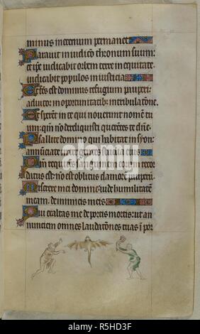 Bas-de-page scène de deux hommes de chaque côté d'une chauve-souris. Psautier ('Le psautier de la Reine Mary"). Angleterre (Londres/Westminster ou East Anglia ?) ; entre 1310 et 1320. Source : Royal 2 B. VII, f.92. Langue : Français de l'Amérique latine, avec les légendes des images. Banque D'Images