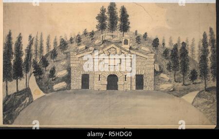 Une vue de l'hermitage monochrome à Richmond Park, dans les jardins royaux, les arbres tout au long de la scène. L'Ermitage dans le jardin royal à Richmond. Entre 1740-1770. Source : Maps K.Haut.41.16.n. Langue : Anglais. Banque D'Images